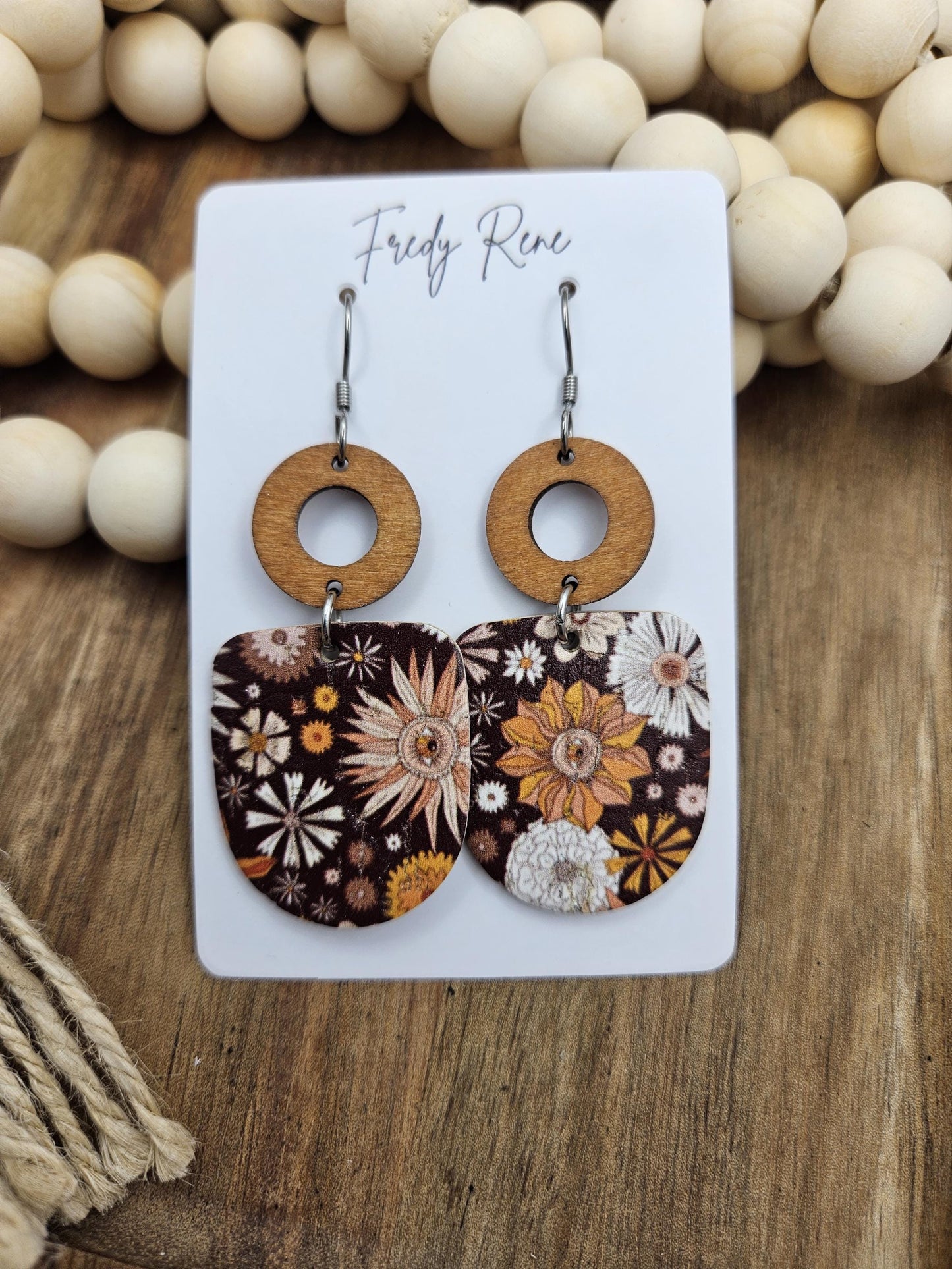 Brown Floral Cork Backed with Genuine Leather Earrings