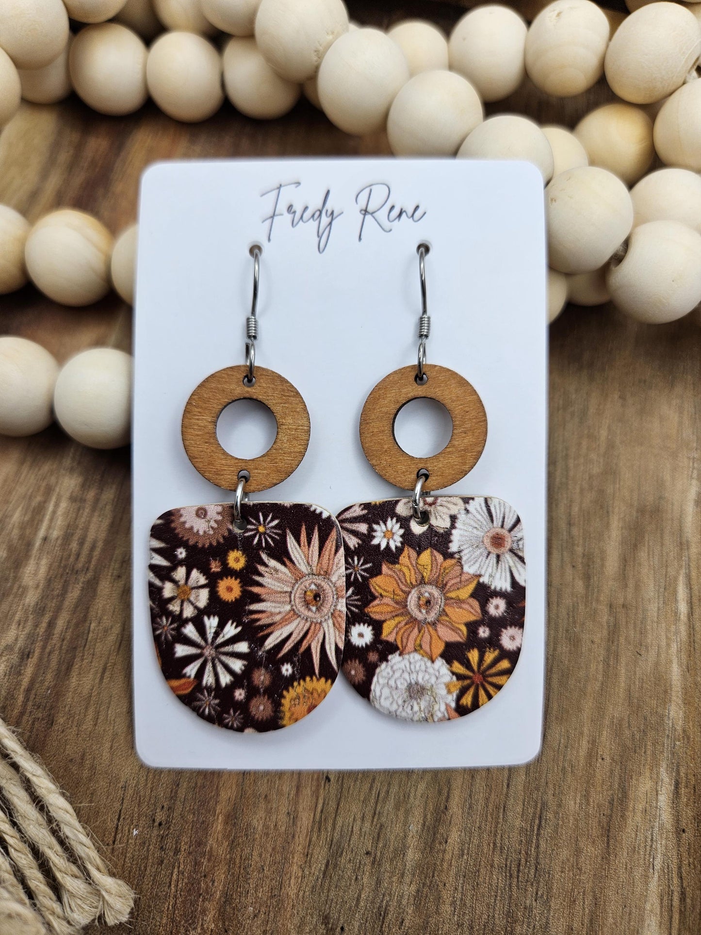 Brown Floral Cork Backed with Genuine Leather Earrings