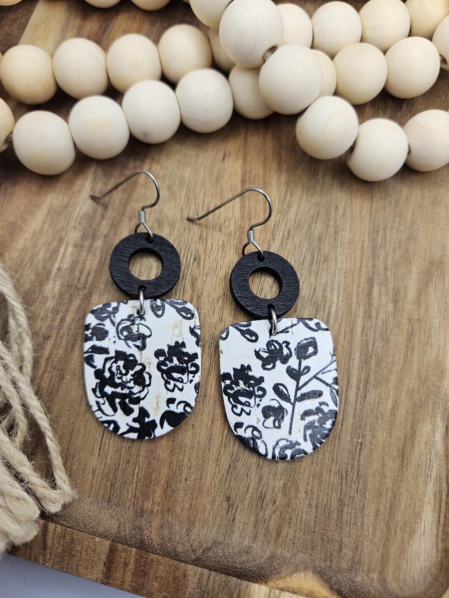 Black & White Floral Cork Backed with Genuine Leather Earrings