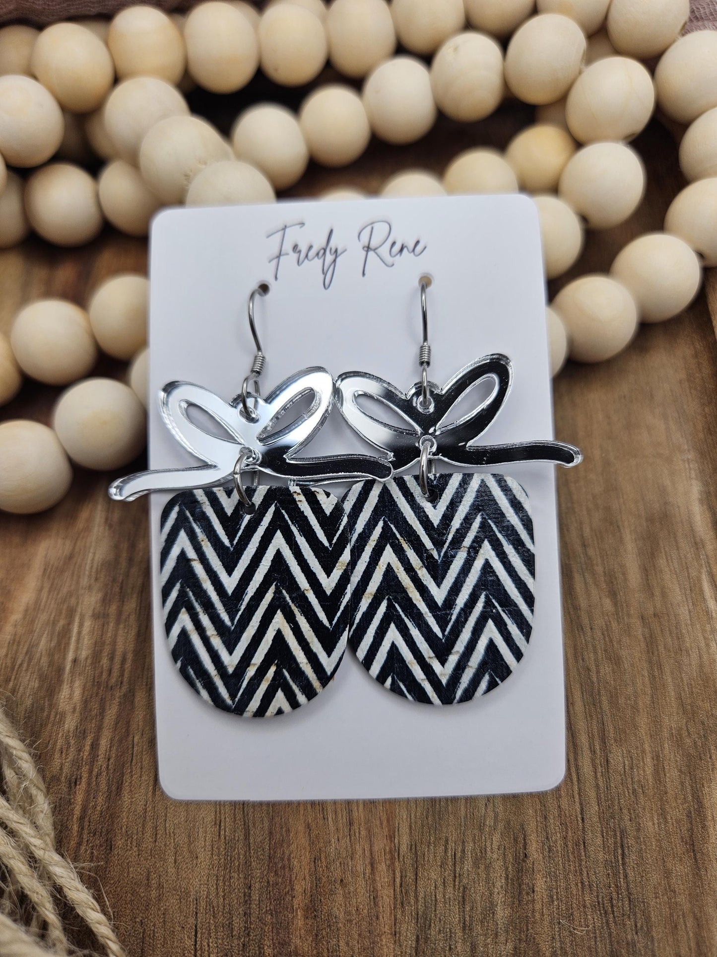 Black Chevron Cork Earrings with Genuine Leather Backing and Mirrored Bow Accents
