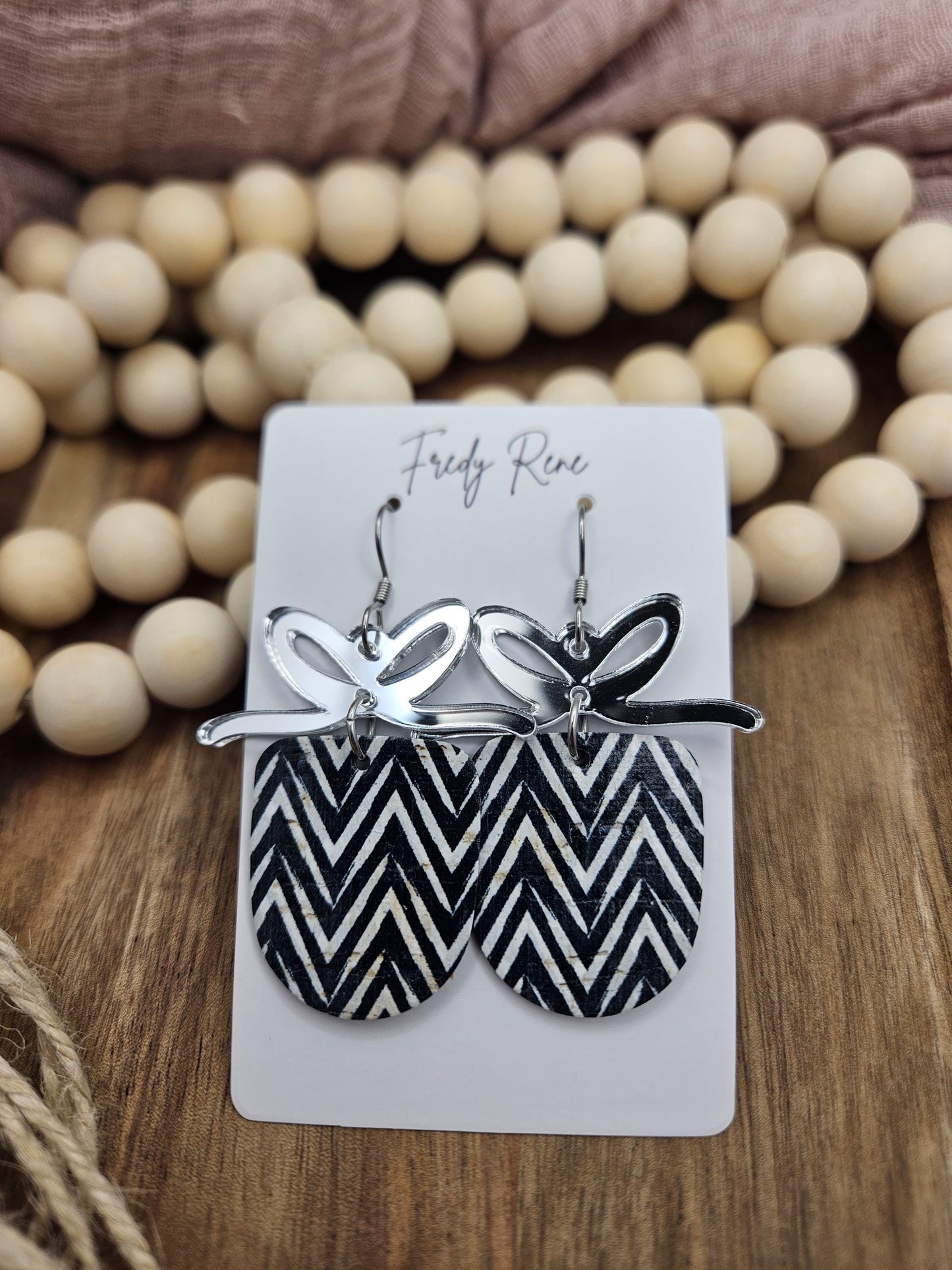 Black Chevron Cork Earrings with Genuine Leather Backing and Mirrored Bow Accents