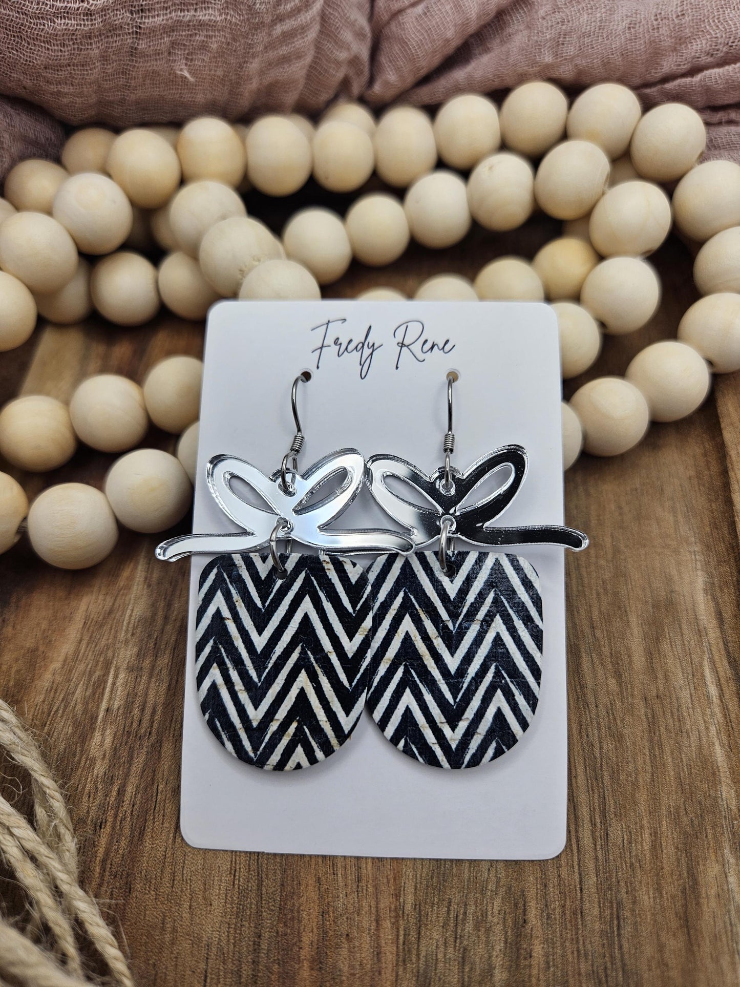 Black Chevron Cork Earrings with Genuine Leather Backing and Mirrored Bow Accents