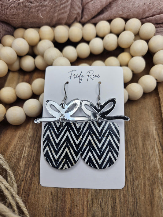 Black Chevron Cork Earrings with Genuine Leather Backing and Mirrored Bow Accents