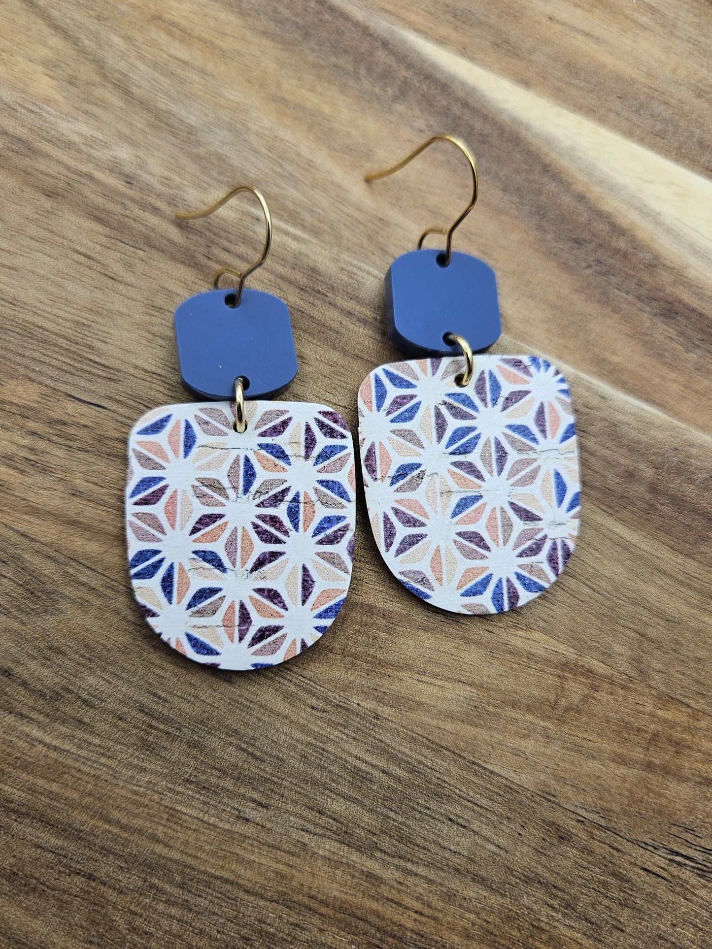 Blue Boho Cork Earrings Backed with Genuine Leather