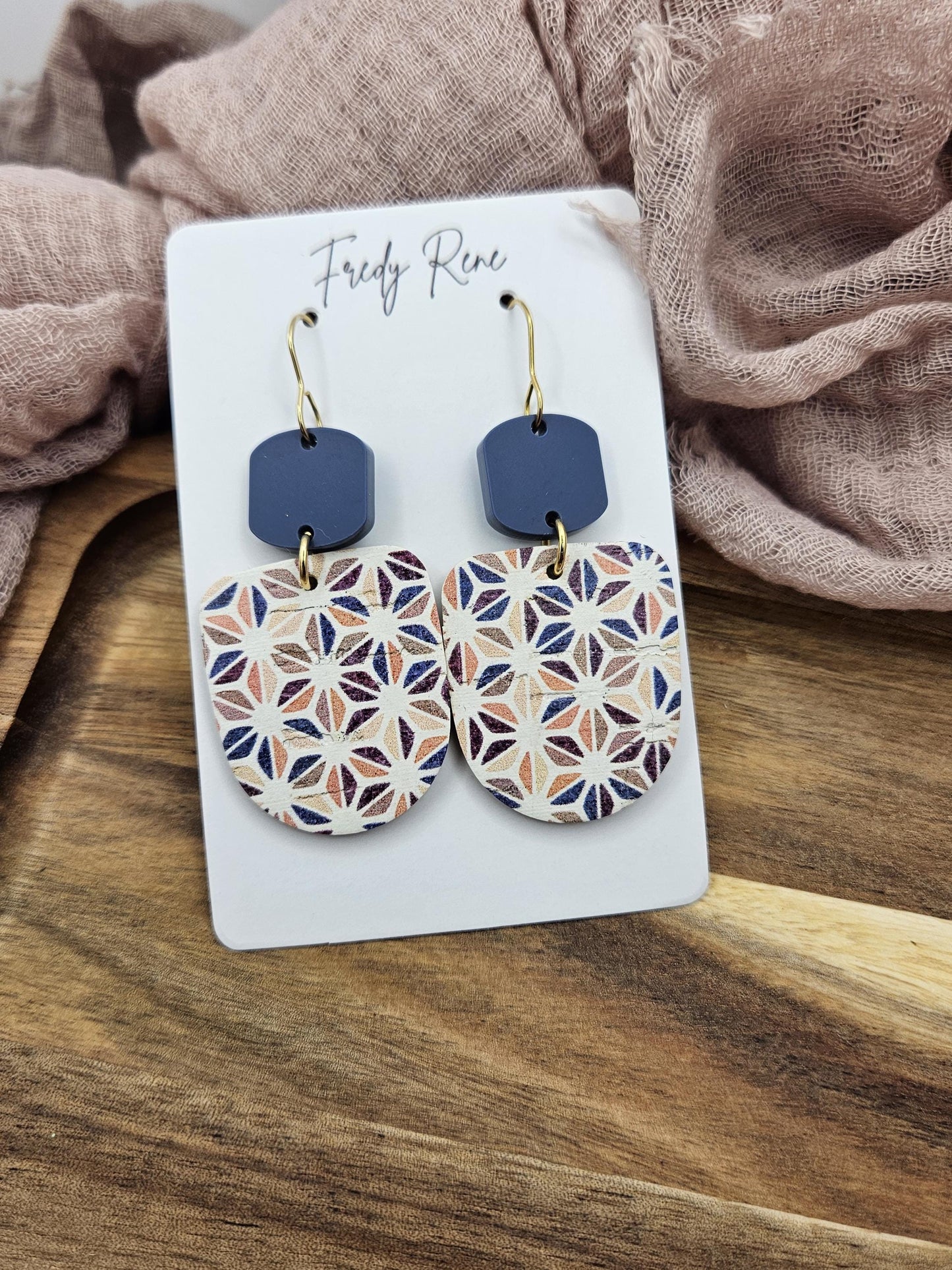 Blue Boho Cork Earrings Backed with Genuine Leather