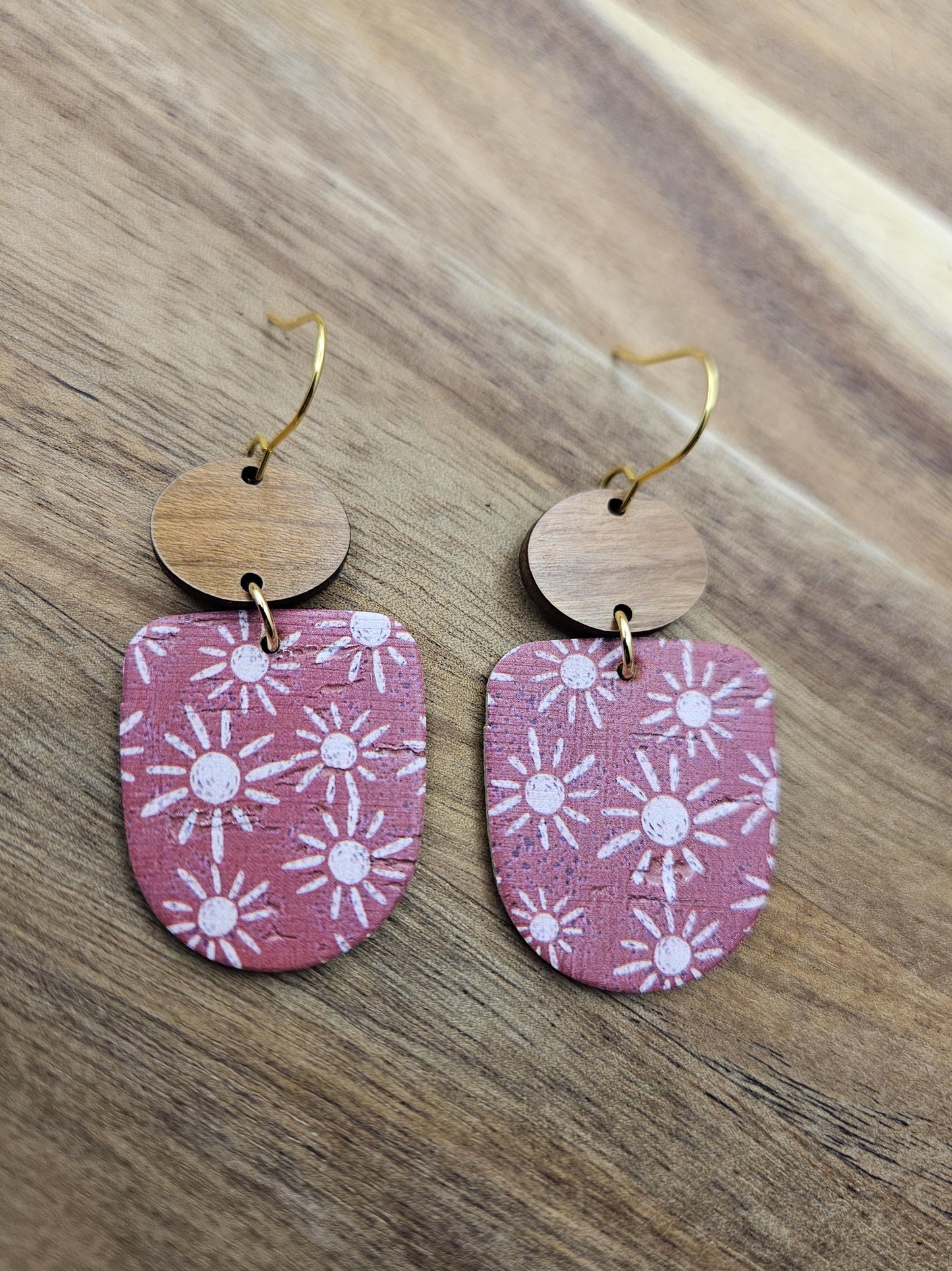 Boho Sun Cork Earrings Backed with Genuine Leather