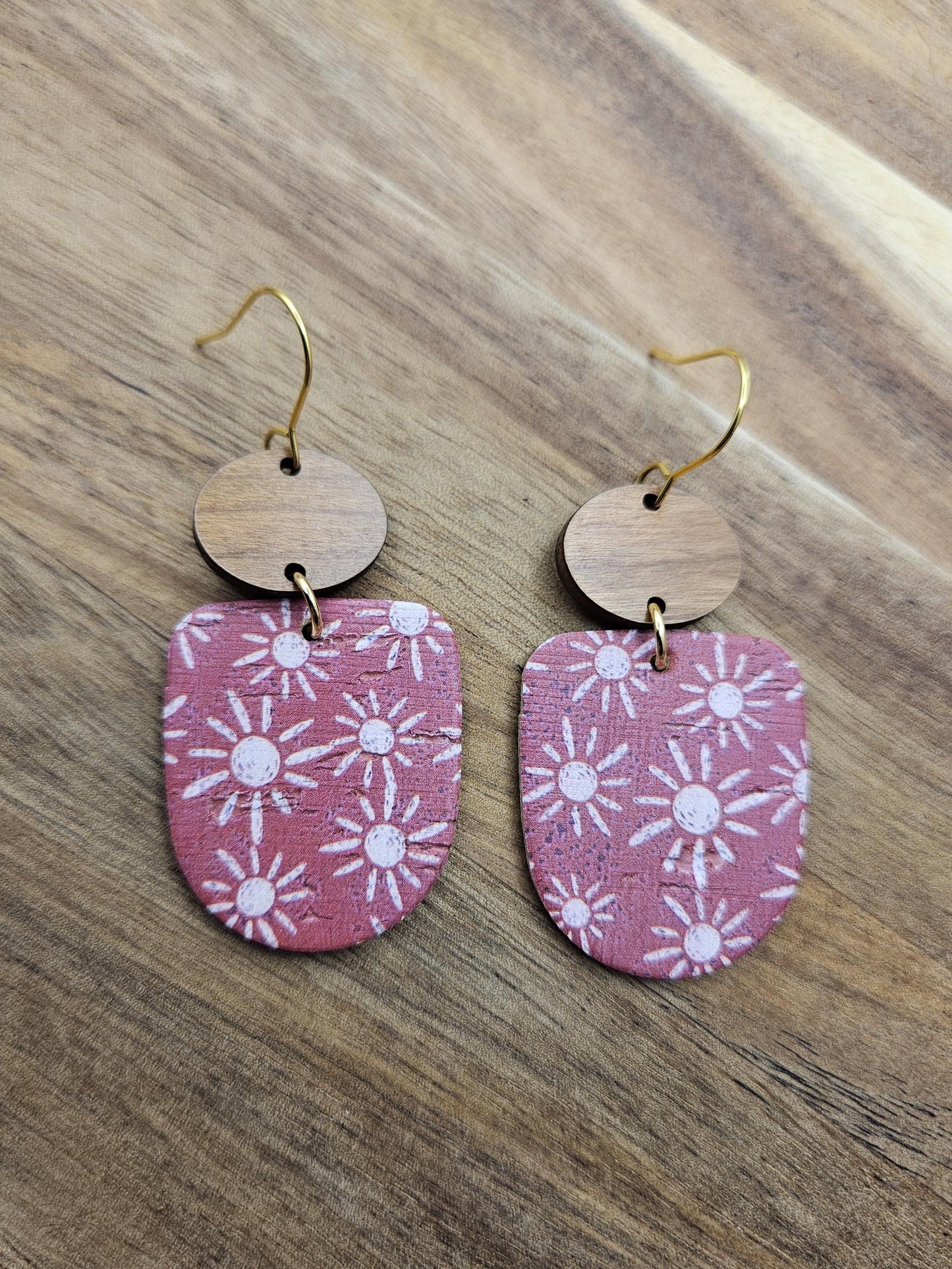 Boho Sun Cork Earrings Backed with Genuine Leather