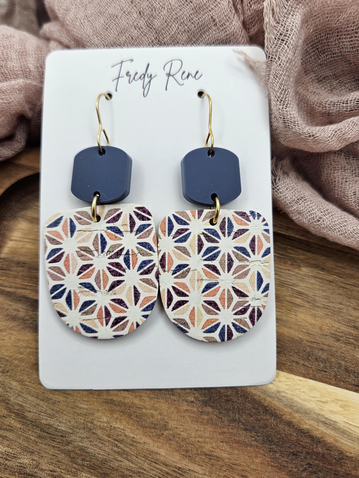Blue Boho Cork Earrings Backed with Genuine Leather