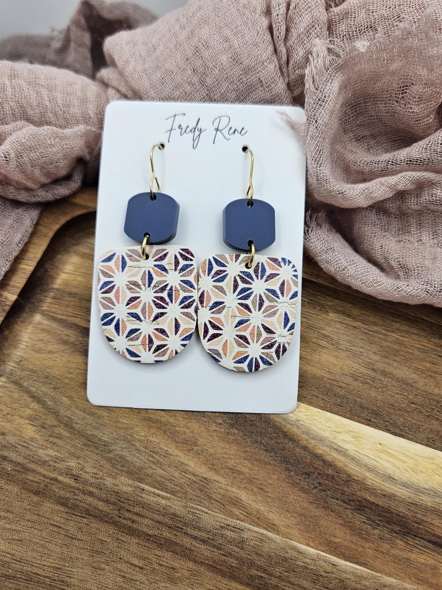 Blue Boho Cork Earrings Backed with Genuine Leather
