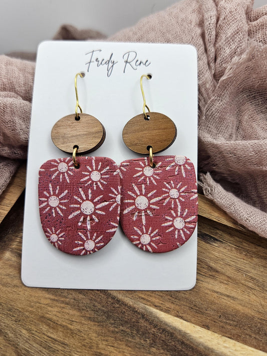 Boho Sun Cork Earrings Backed with Genuine Leather