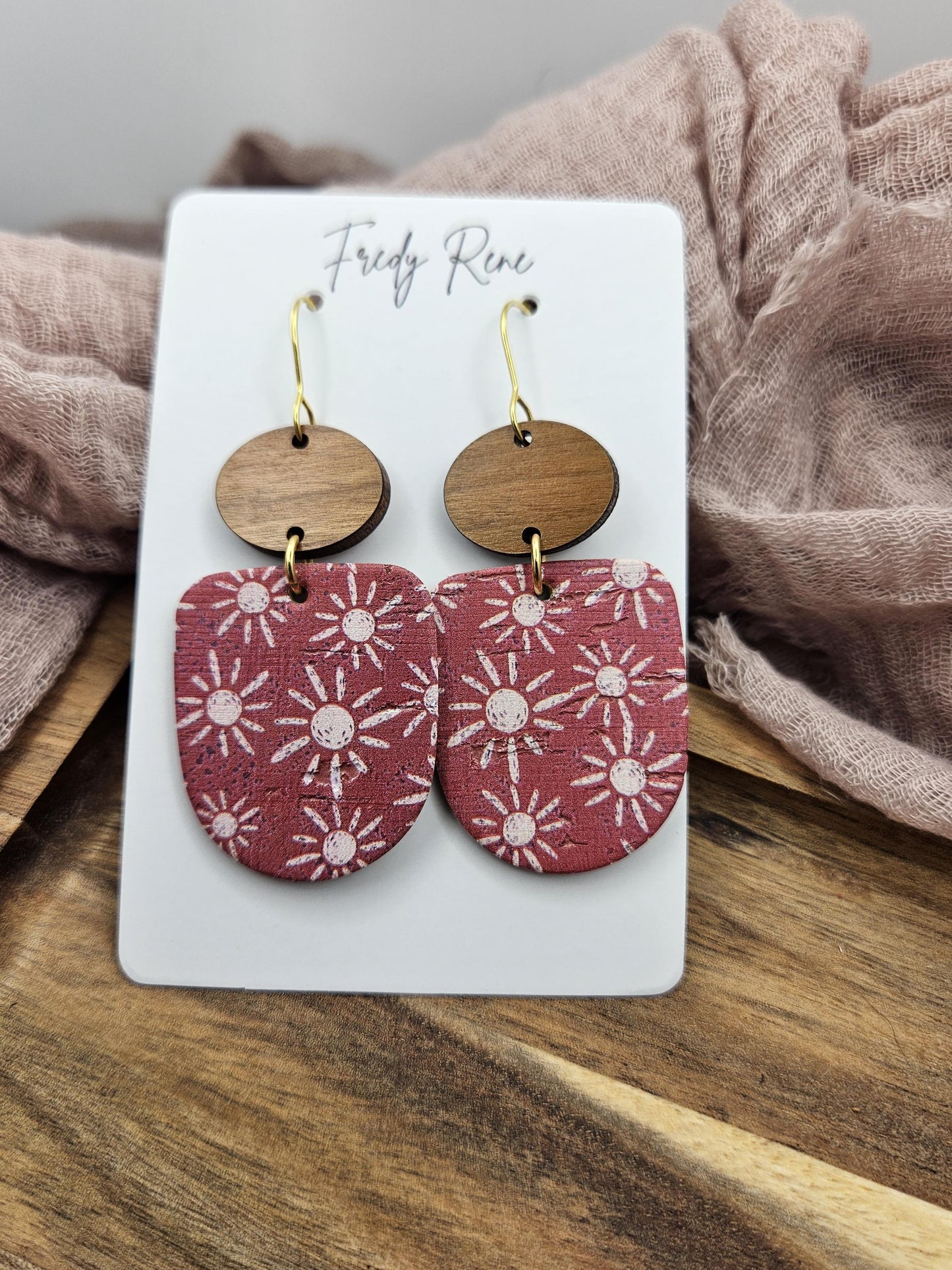 Boho Sun Cork Earrings Backed with Genuine Leather