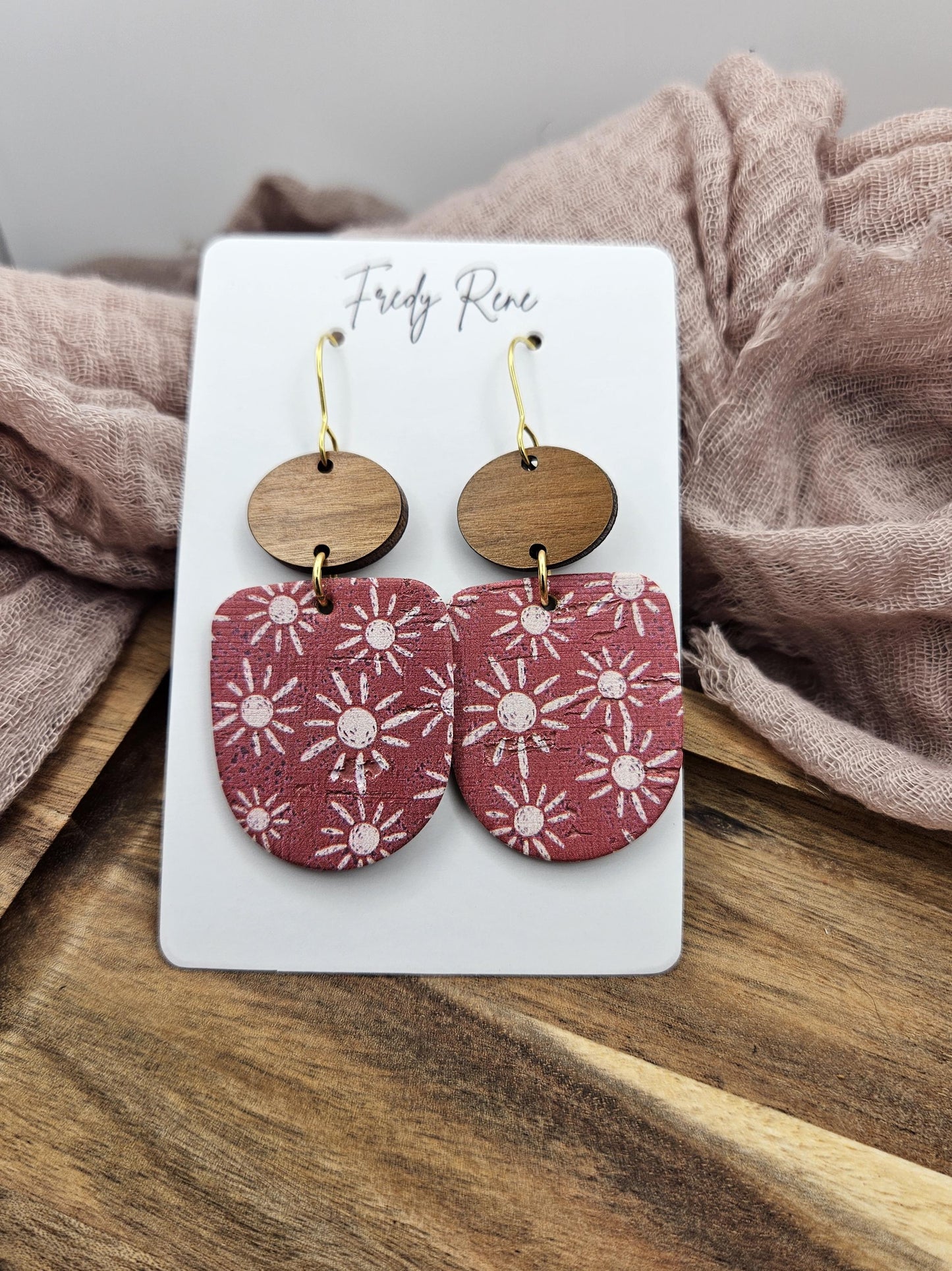 Boho Sun Cork Earrings Backed with Genuine Leather
