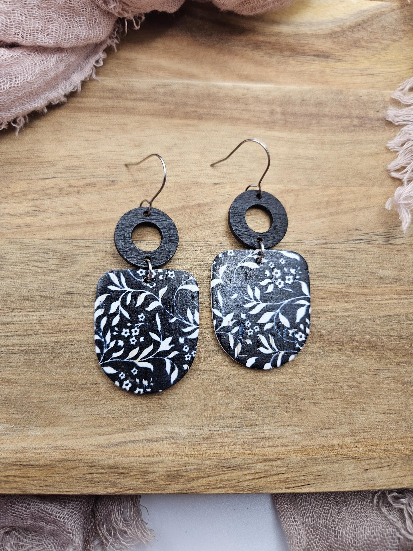 Black & White Cork Earrings Backed with Genuine Leather