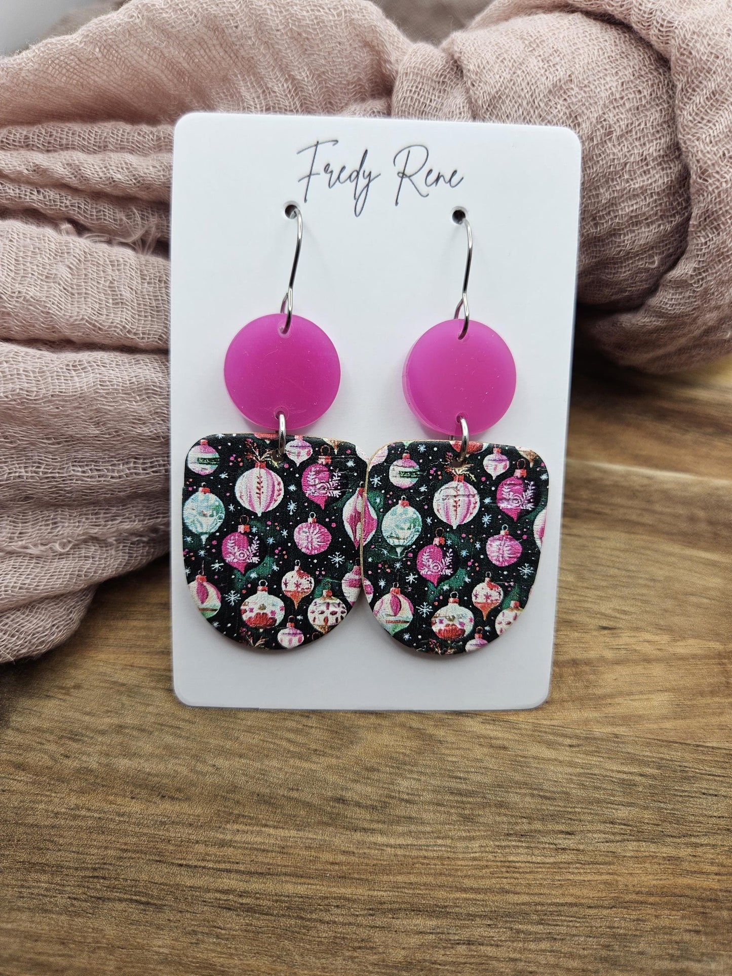 Christmas Ornament Cork Earrings Backed with Genuine Leather