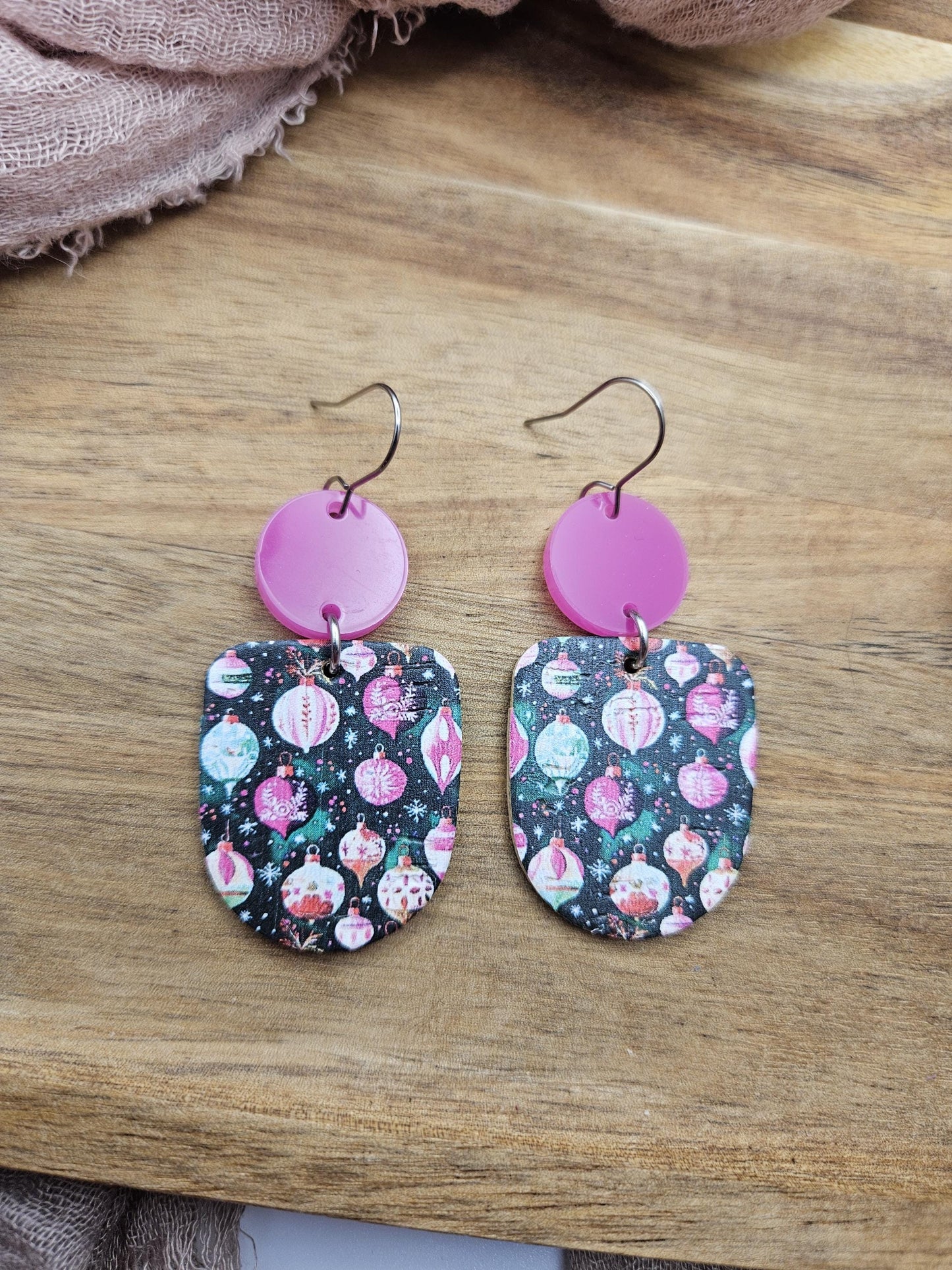 Christmas Ornament Cork Earrings Backed with Genuine Leather