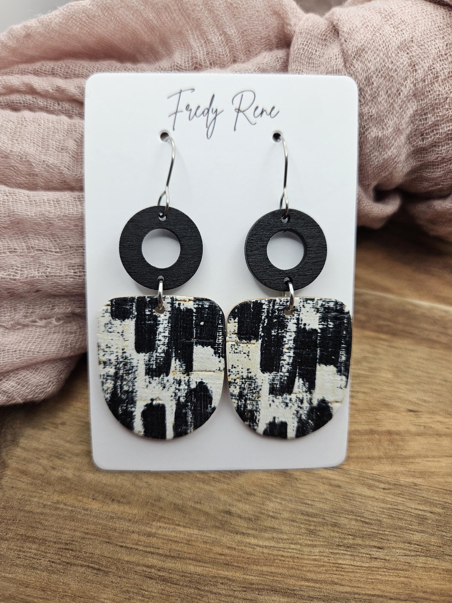 Black & White Brushstroke Cork Earrings Backed with Genuine Leather