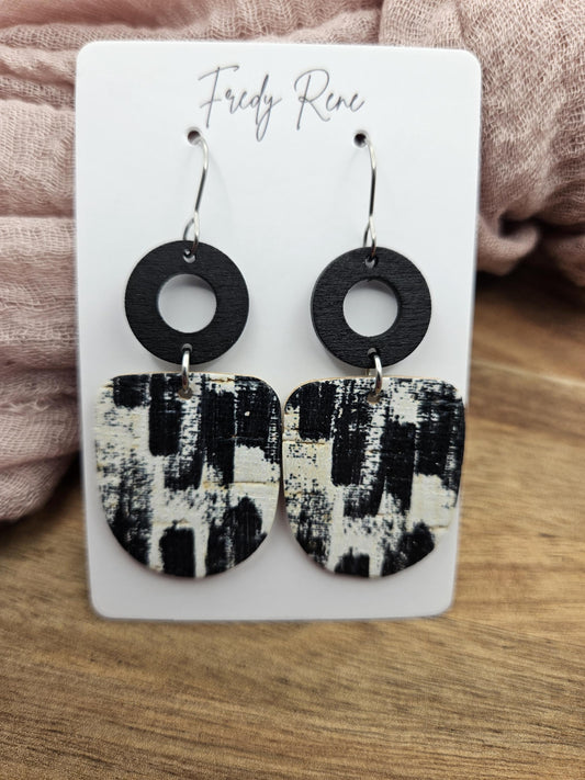 Black & White Brushstroke Cork Earrings Backed with Genuine Leather