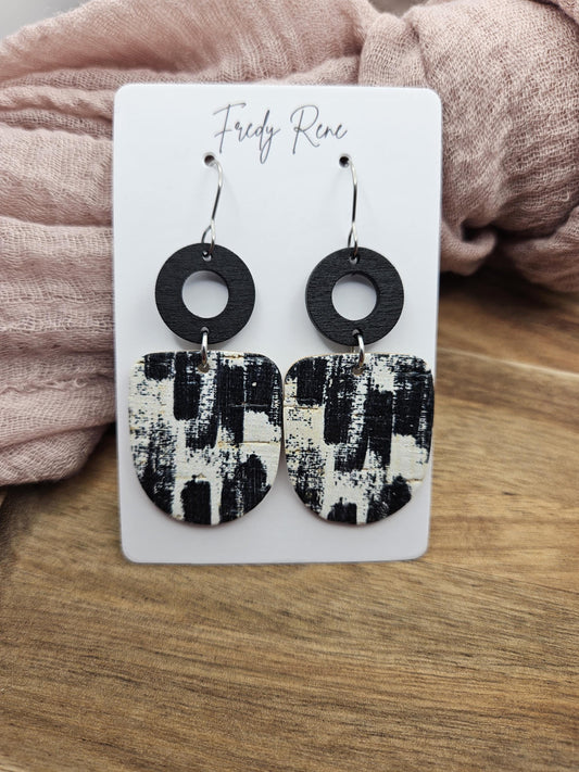 Black & White Brushstroke Cork Earrings Backed with Genuine Leather
