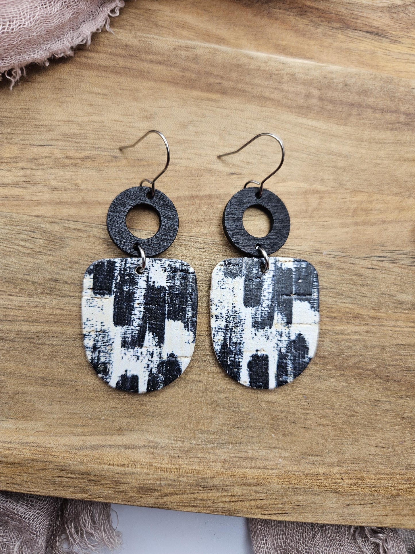 Black & White Brushstroke Cork Earrings Backed with Genuine Leather