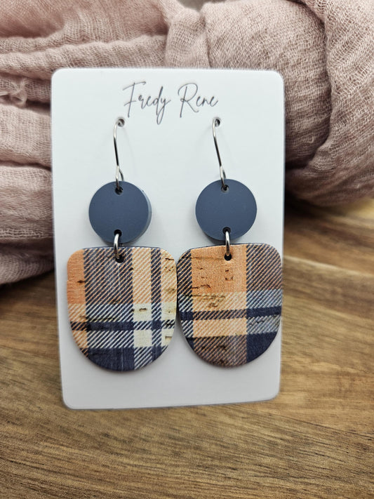Plaid Cork Earrings Backed with Genuine Leather