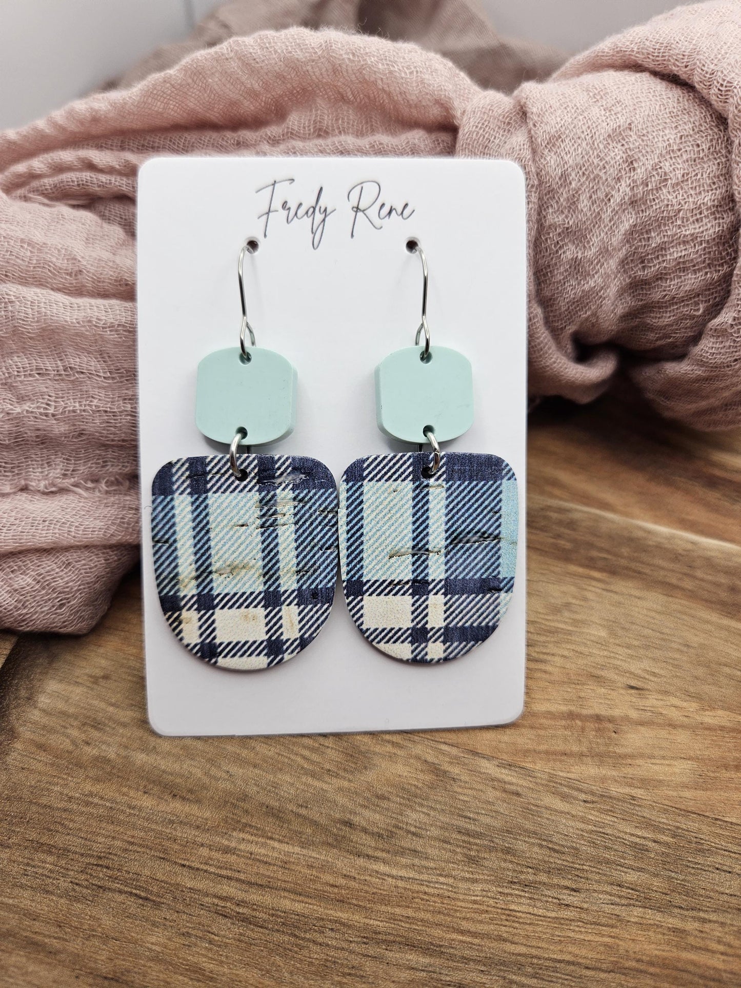 Blue Plaid Cork Earrings Backed with Genuine Leather