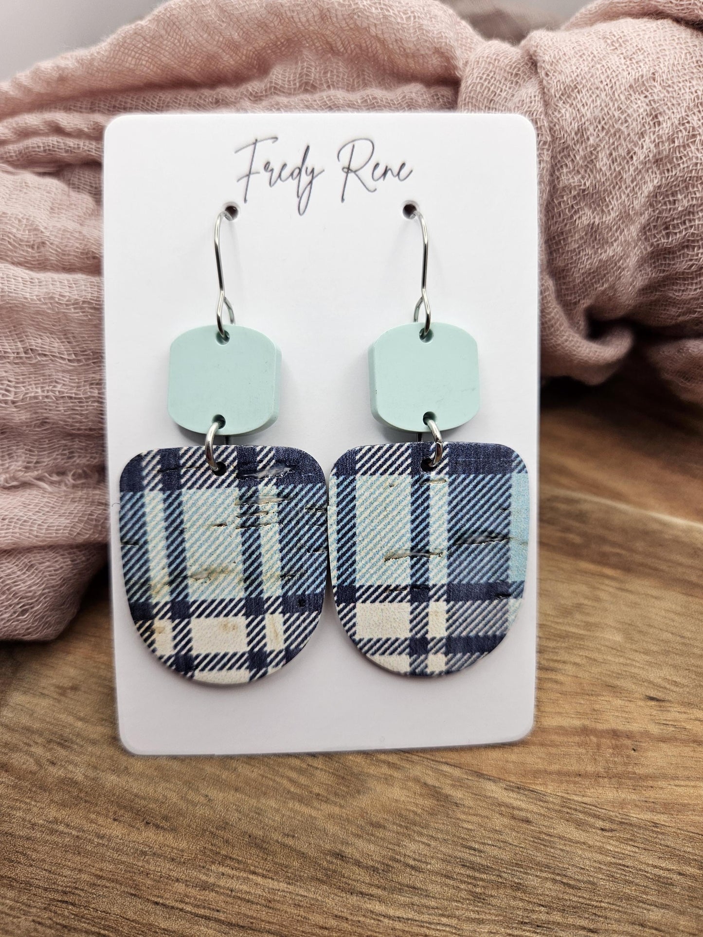 Blue Plaid Cork Earrings Backed with Genuine Leather
