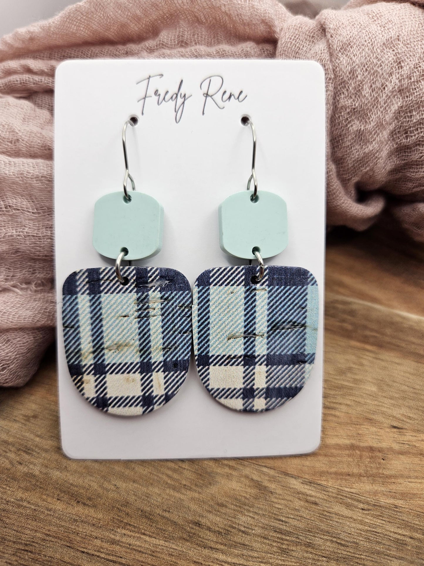 Blue Plaid Cork Earrings Backed with Genuine Leather
