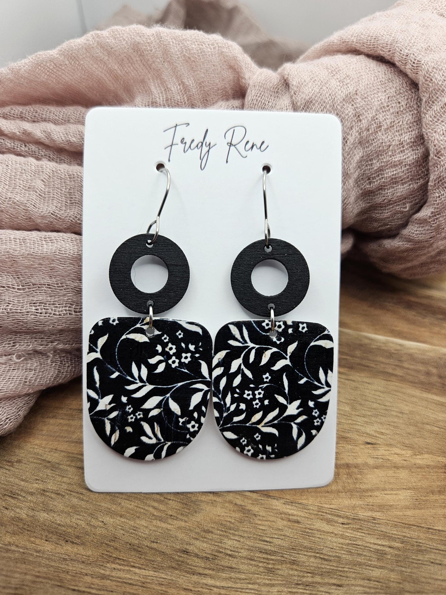 Black & White Cork Earrings Backed with Genuine Leather