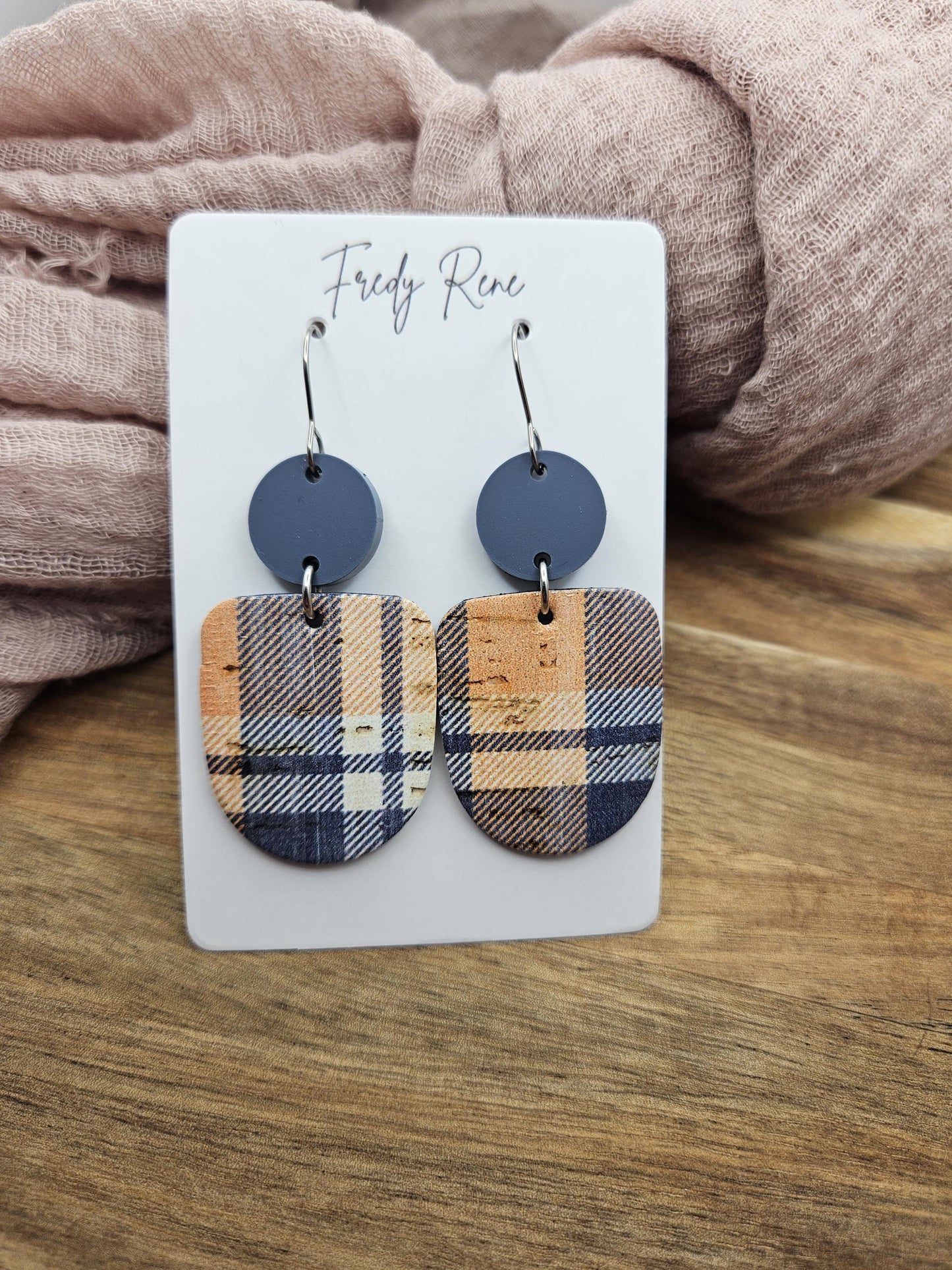 Plaid Cork Earrings Backed with Genuine Leather