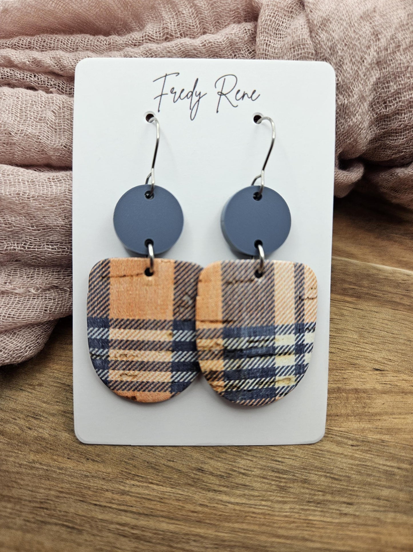 Plaid Cork Earrings Backed with Genuine Leather