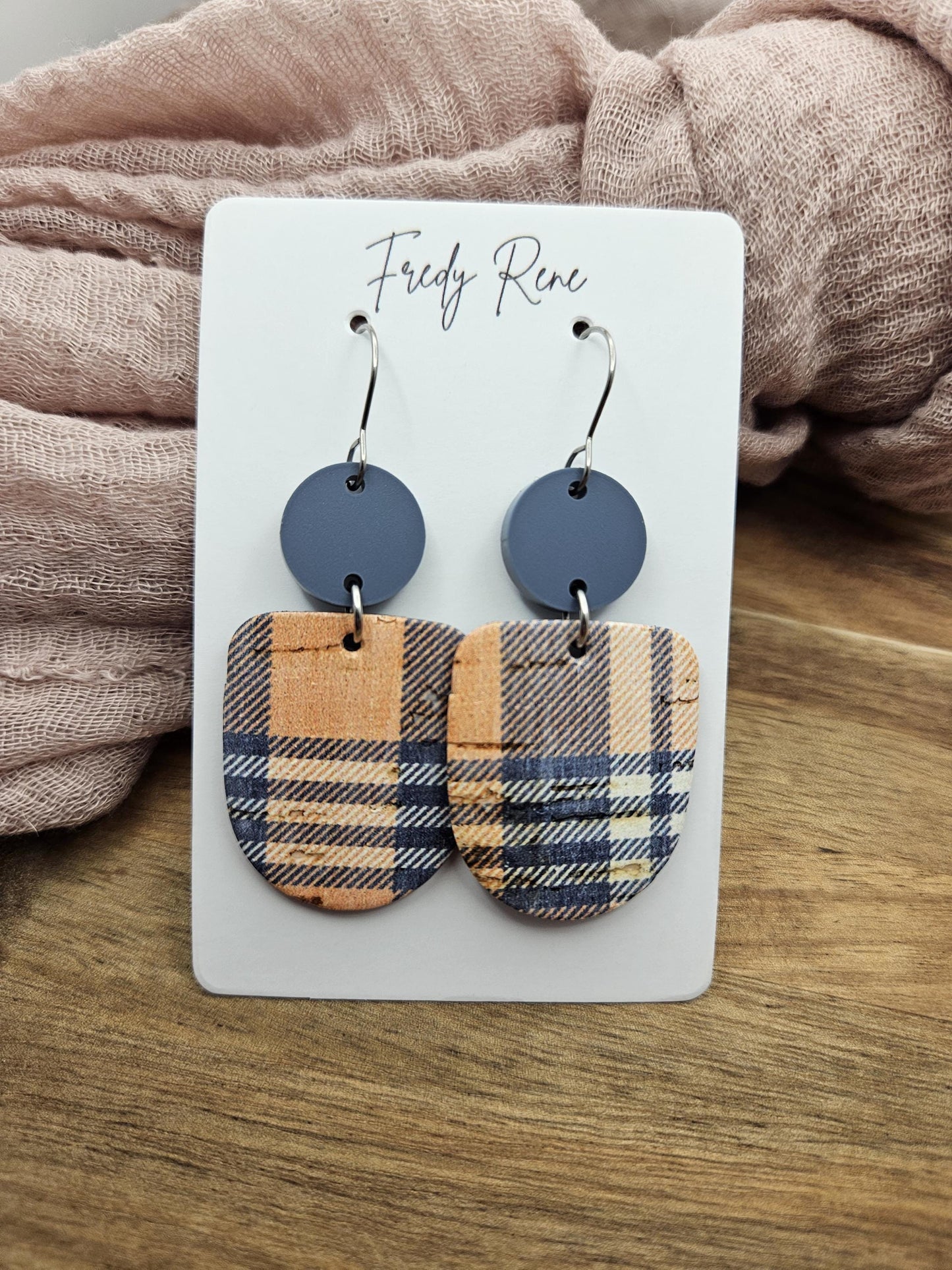 Plaid Cork Earrings Backed with Genuine Leather