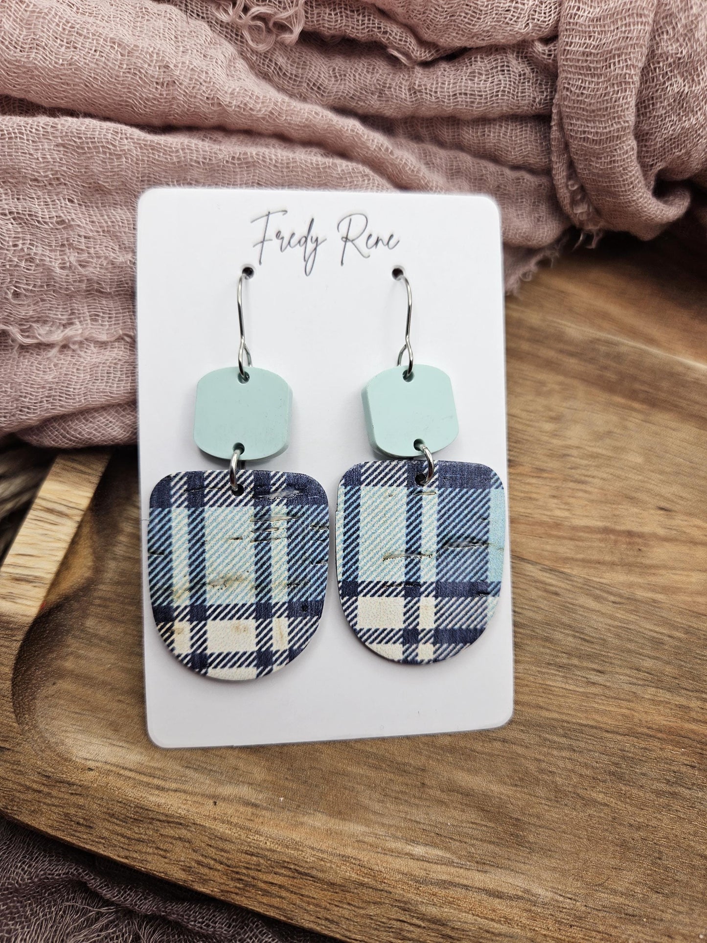 Blue Plaid Cork Earrings Backed with Genuine Leather